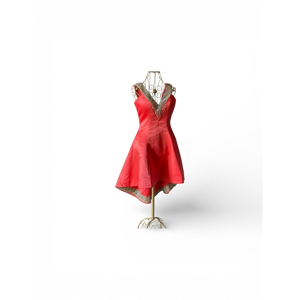Rachel Allen Prom Cocktail Hi-lo Beaded Coral Satin Size‎ 4 Perfect